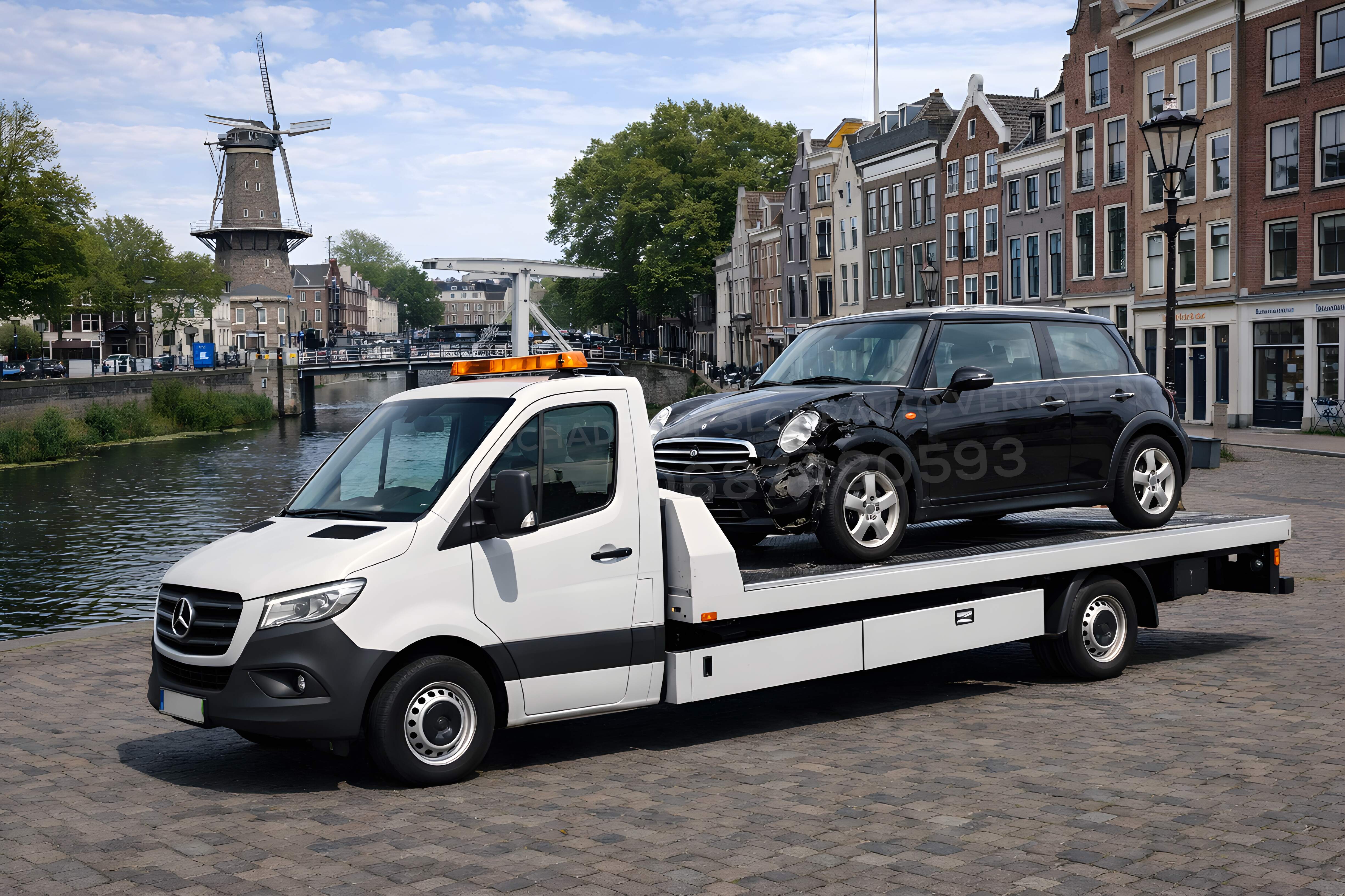 Inkoop.autos - Professionele auto recycling faciliteit met takelwagen en voertuigen op laadplatform